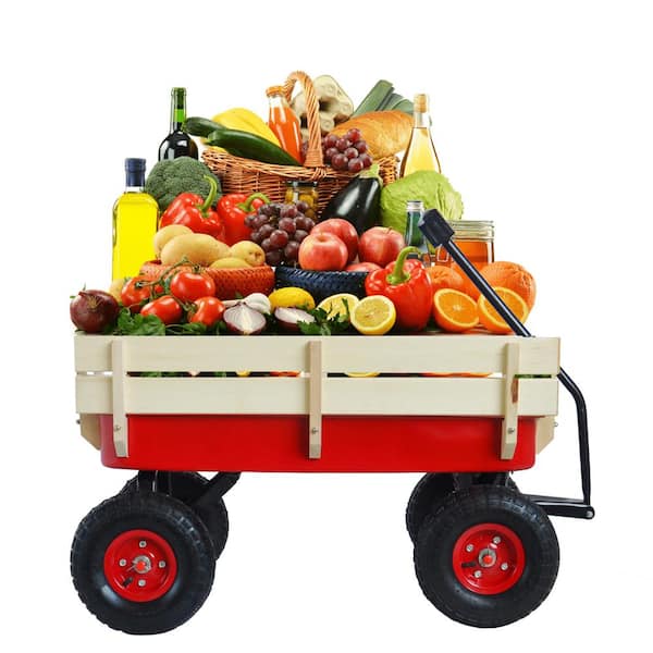 3 cu.ft. Red Metal Outdoor Wagon All Terrain Pulling Railing Air Tires Children Kid Garden Cart