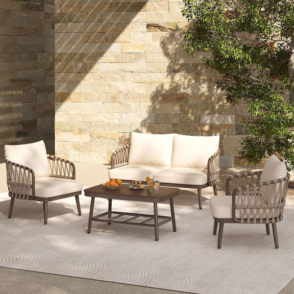Outdoor 4-Piece Patio Furniture Set with Metal Chairs, Thick Cushions, and Coffee Table(Brown+Beige)