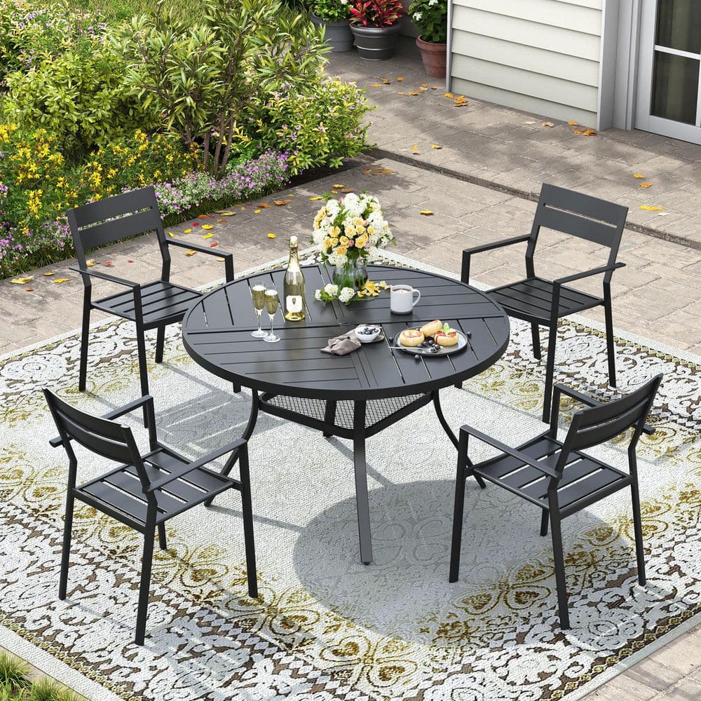 5-Piece Metal Outdoor Patio Dining Set with 40.6 in. Black Round Table and 4 Stackable Chairs in Black price history on PriceWatchPro