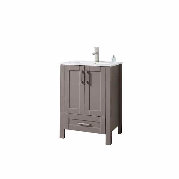 VC CUCINE 24 in. W x 18 in. D x 32in. H Free-standing Single Bathroom Vanity in Gray with White Ceramic Top with Single White Sink