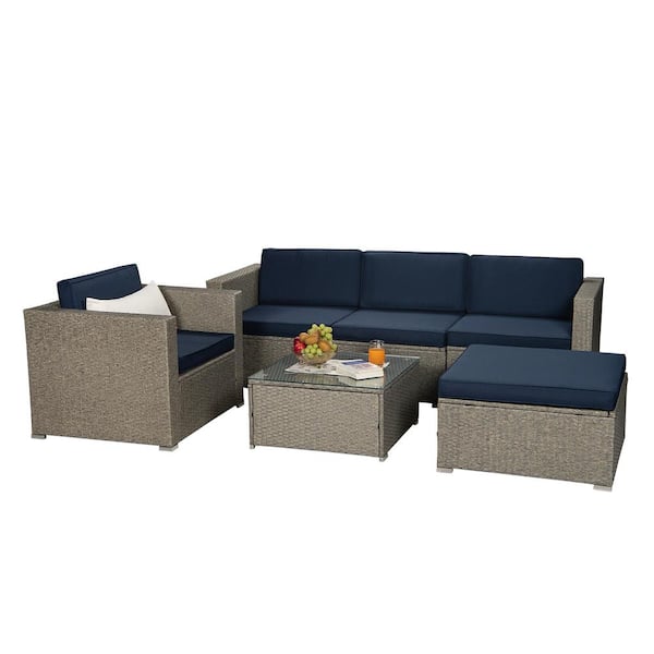Tunearary Gray Mix Yellow 6-Piece Wicker Outdoor Sectional Sofa Patio Furniture With Navy Cushions, 1 Beige Pillow