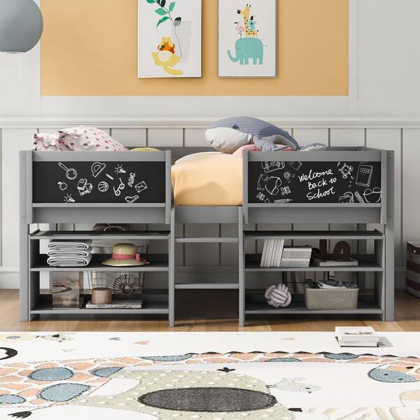 ANBAZAR Gray Modern Twin Size Low Loft Bed with Slide, Wood Kids