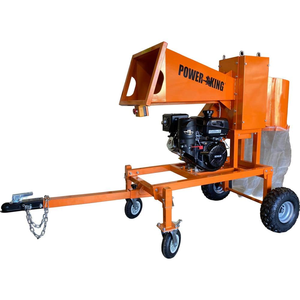 Power King 5 in. 14 HP Gas Powered Self-Feeding Commercial Chipper Shredder Wood Logger, Chops and Bags Firewood, Recoil Start