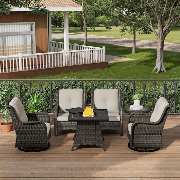 Gardenbee 6-Piece Patio Wicker Outdoor Lounge Chair Set with Beige Cushions, Rectangular Fire Pit Table and Side Table
