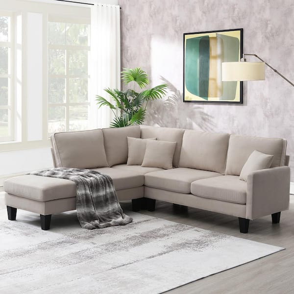 sumyeg 90 in. L-Shaped Convertible Polyester Sectional Sofa in Beige with Chaise Lounge and 3-Pillows