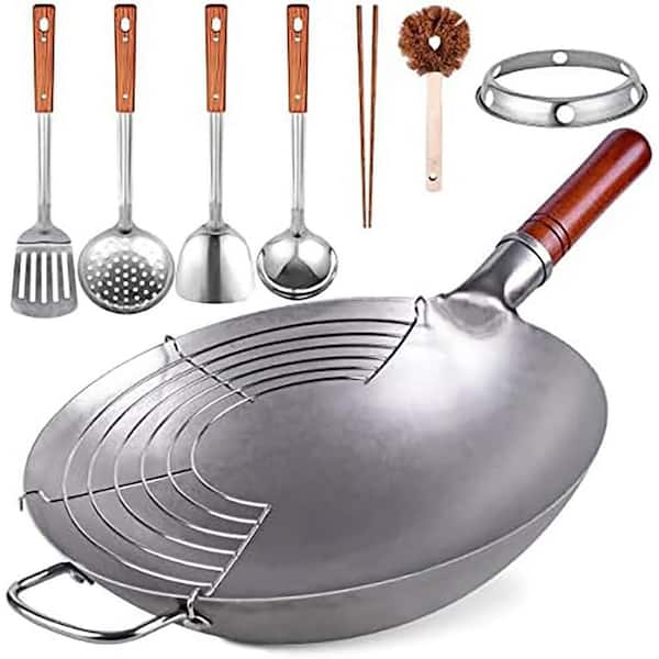 13.4" Carbon Steel Hand Hammered Wok, Uncoated, Heavy Duty Asian Cookware Set with 8 Accessories, Gas Stove Compatible