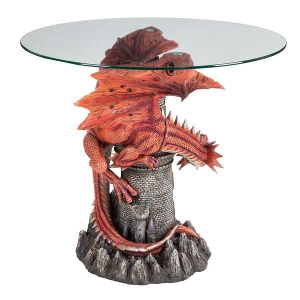 Dragon Side Accent Table Round Top Tempered Glass Mythical Decor 
