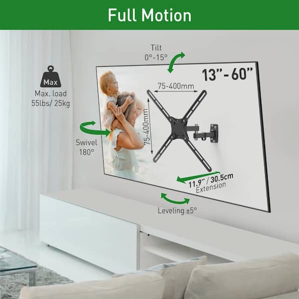 13 in. to 58 in. Full Motion - 4 Movement TV Wall Mount Black Continuous Tilt Cable Management