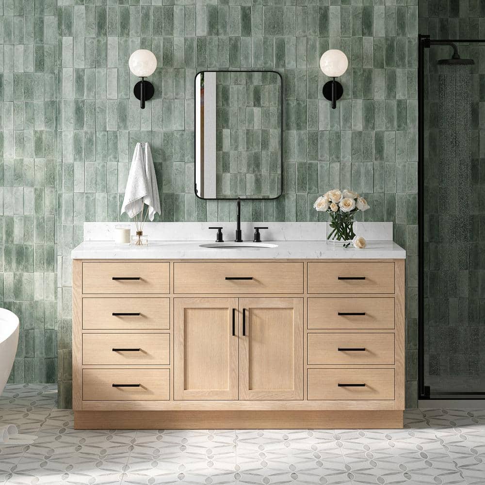 Hepburn 66" Medium Oak Freestanding Bathroom Vanity Base with Black Hardware