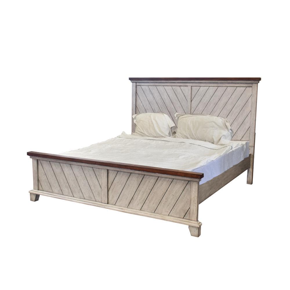 Rustic Ivory and Honey Queen Bed with Chevron Headboard