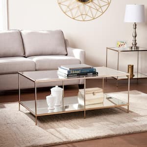 Pandora 43 in. Warm Gold Large Rectangle Glass Coffee Table with Shelf