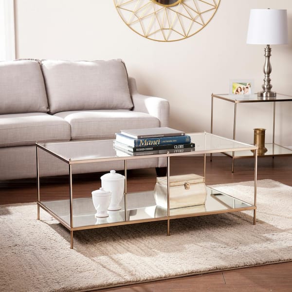Southern Enterprises Pandora 43 in. Warm Gold Large Rectangle Glass Coffee Table with Shelf