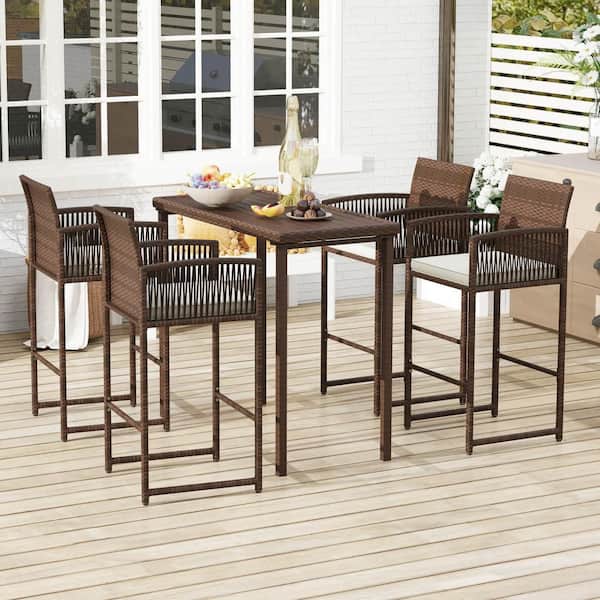 Metal Outdoor Bar Stool PE Rattan Bar Height Chairs with Backrests and Armrests Beige Cushion (4-Pack)