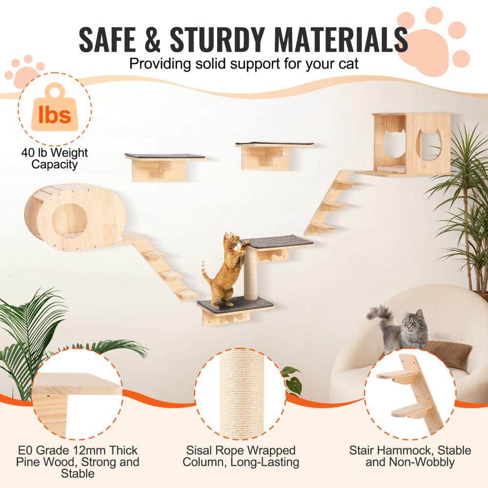Natural Pine Wood Wall Mounted Cat Shelves Set with Hammocks
