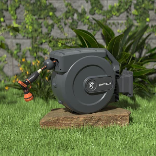 Giraffe Tools Garden Retractable Hose Reel-1/2 in. to 155 ft. Wall Mounted,  Dark Grey AW5012US - The Home Depot