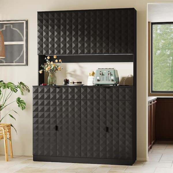FUFU&GAGA Matte Black 70.9 in. Accent Cabinet with 6 Shelves and LED Lights, Modern Display Cabinet, Office Storage Cabinet