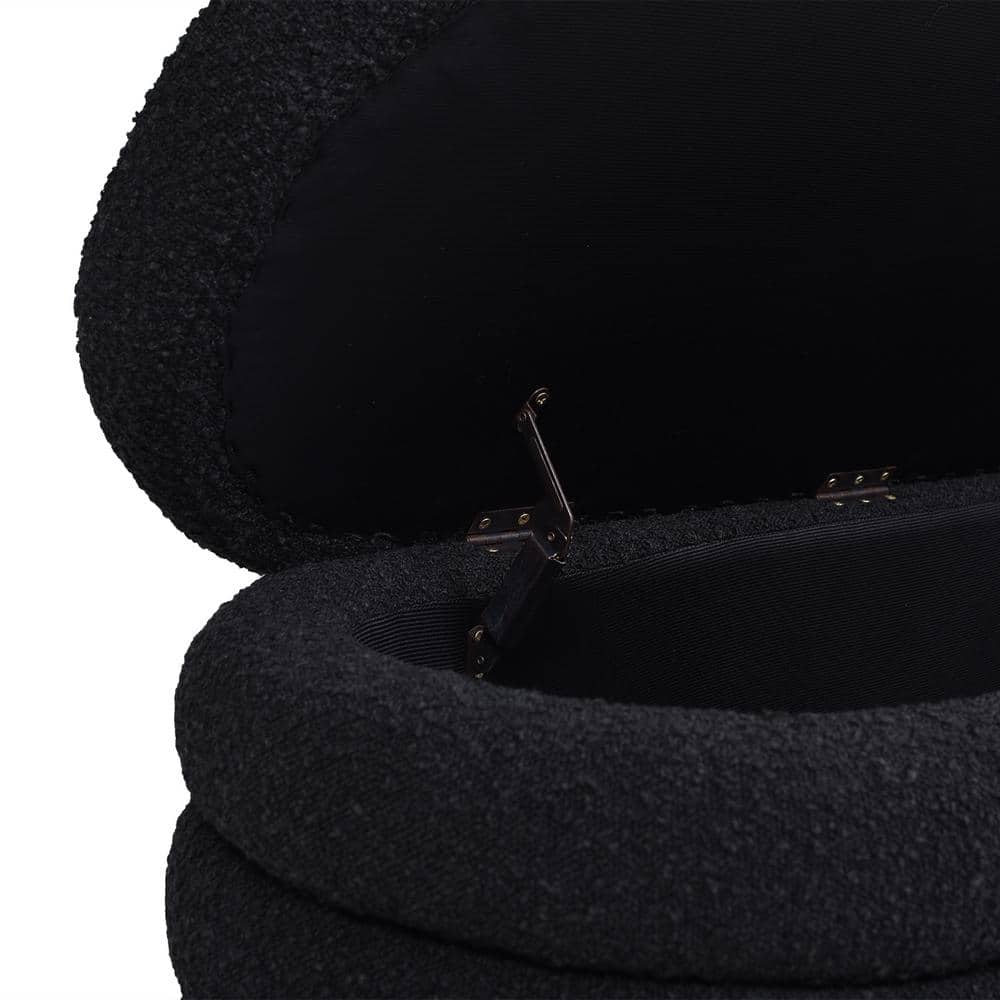 Ebony Black Boucle Upholstered Oval Storage Bench with Hinged Lid
