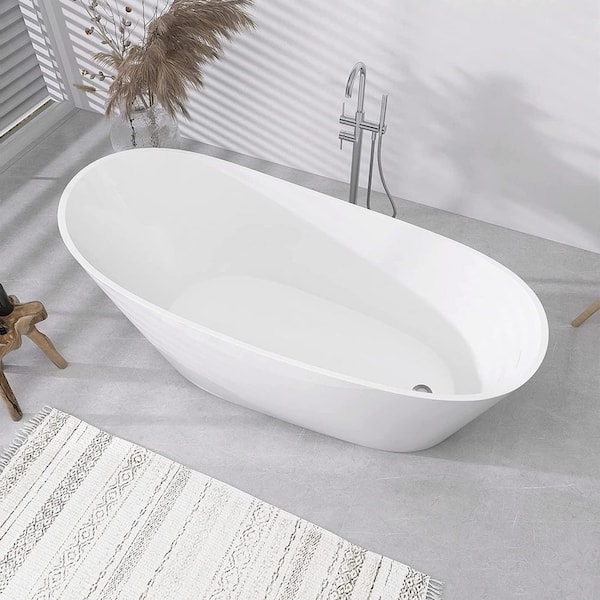 67 in. x 29.5 in. Acrylic Freestanding Soaking Bathtub w/ Side Drain Oval Free Standing Flat Bottom Tub in Glossy White