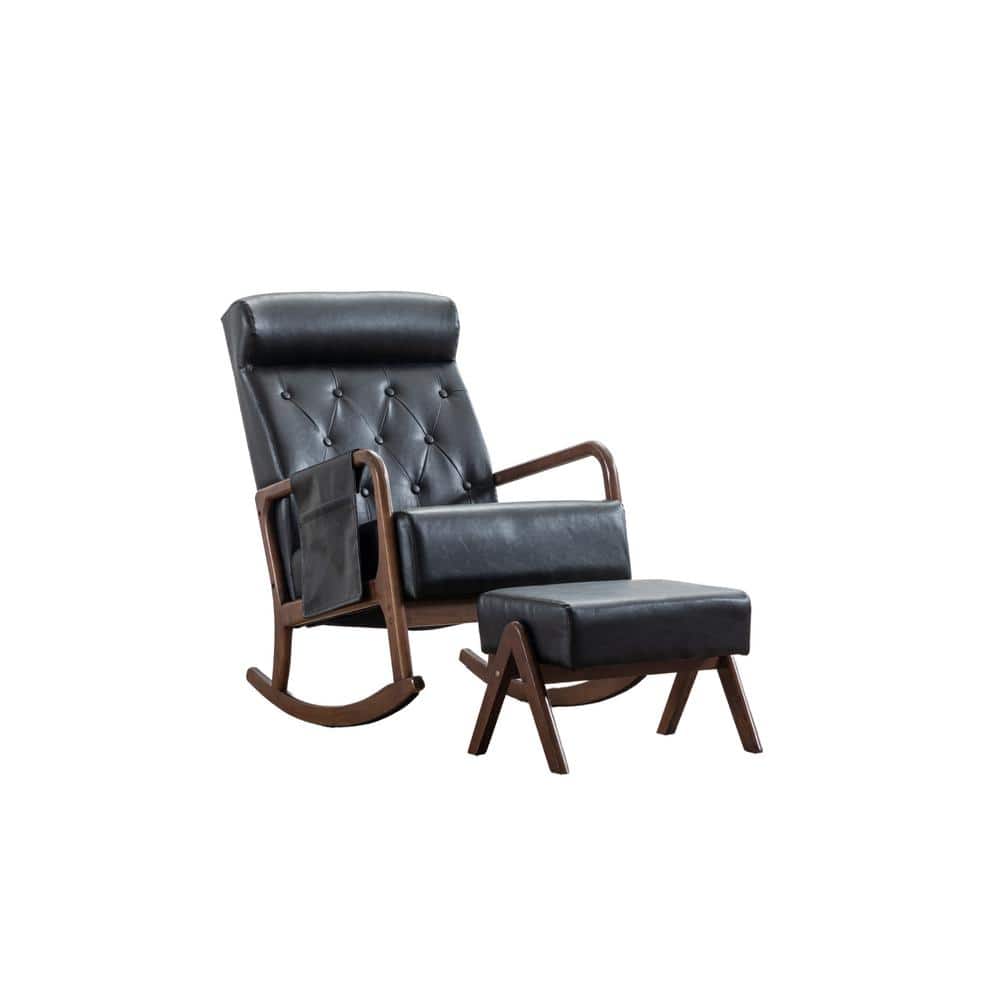 Solid Wood Outdoor Rocking Chair with Ottoman and with Thick Padded Cushion