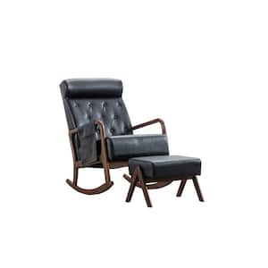 Solid Wood Outdoor Rocking Chair with Ottoman and with Thick Padded Cushion, Black PU