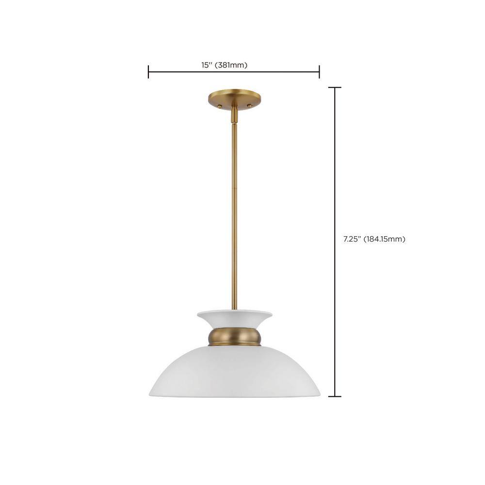 Perkins Matte White & Burnished Brass 15" Modern Bowl Pendant