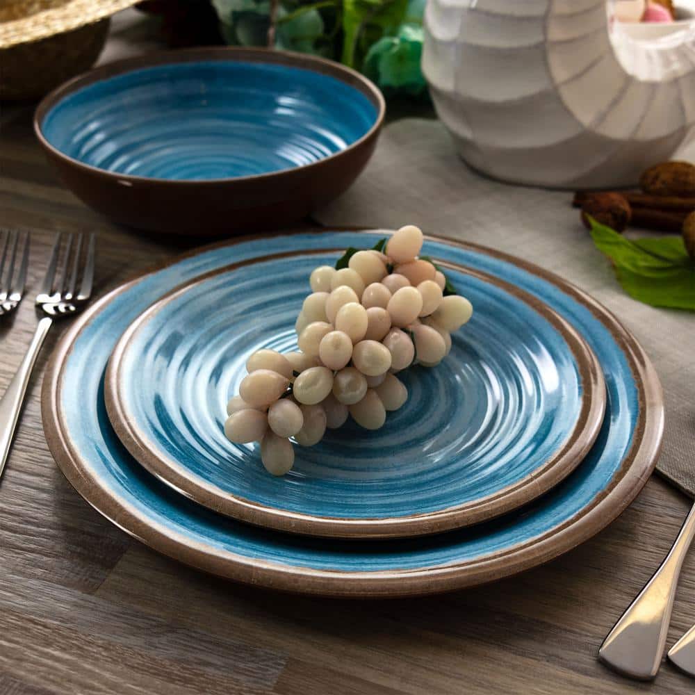 Rippled Tides Blue and Brown Melamine 12-Piece Dinnerware Set