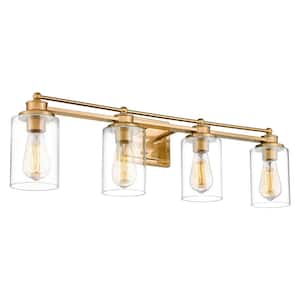 Farmhouse 31.7 in. 4-Light Brushed Gold Bathroom Vanity Light with Clear Glass Shades