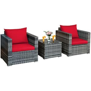 3-Piece Wicker Patio Conversation Set Rattan Furniture Bistro Sofa Set with Red Cushions