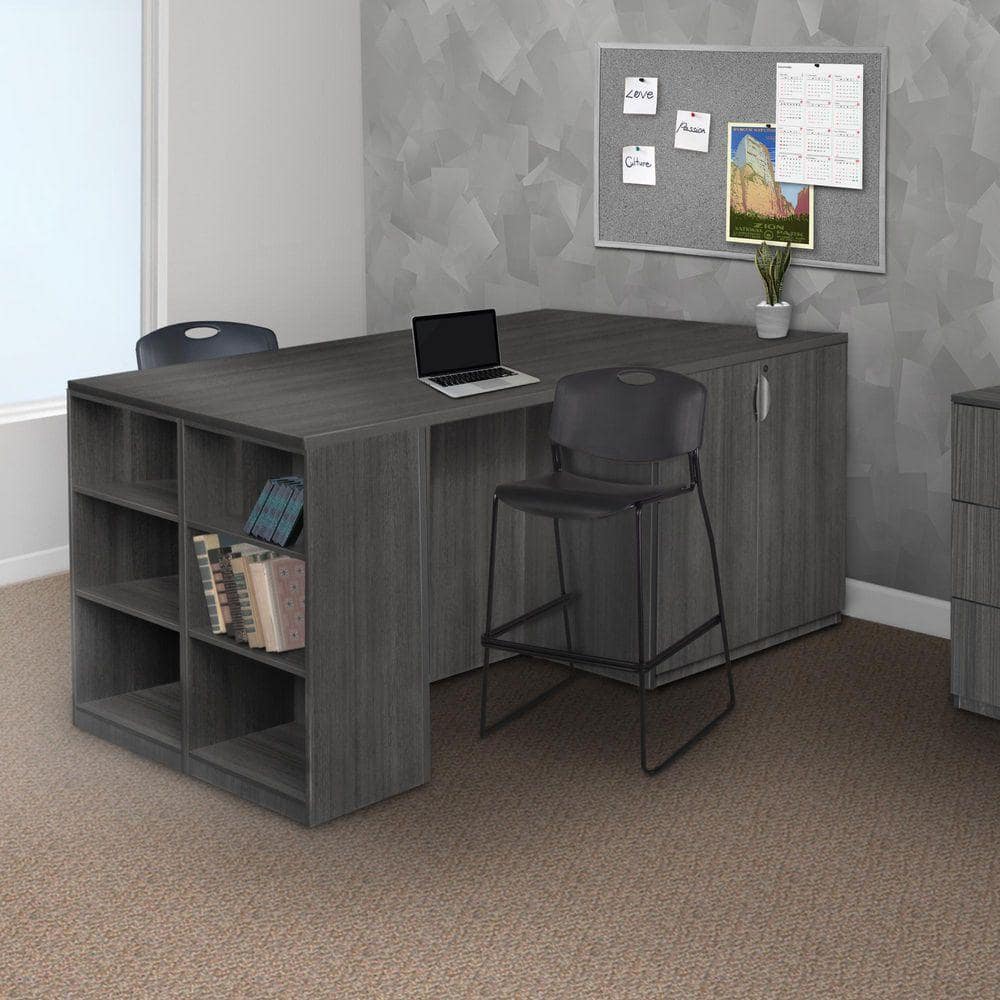 Legacy 85 in. Ash Grey Stand Up 2 Storage Cabinet/ 2 Desk Quad with Bookcase End