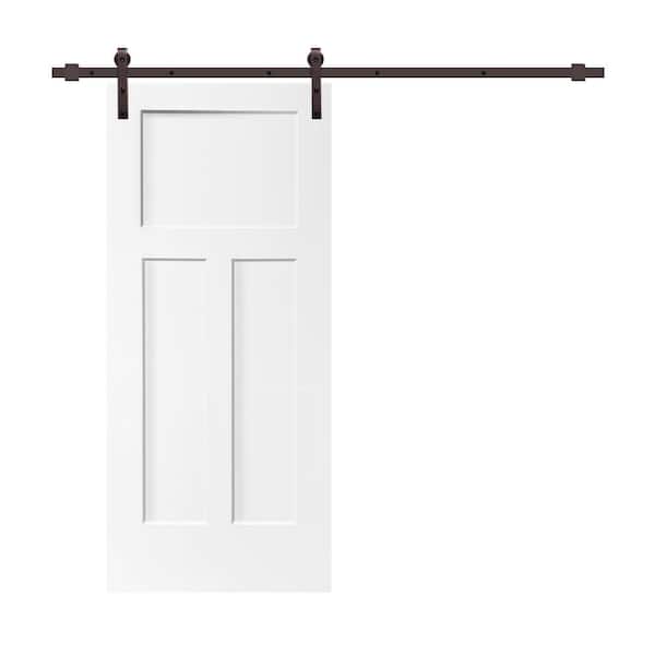 CALHOME 36 in. x 80 in. White Primed MDF 3 Panel Interior Sliding Barn Door with Hardware Kit