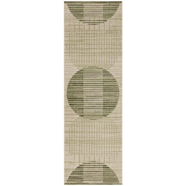 Nourison Astra Machine Washable Ivory Olive 2 ft. x 6 ft. Graphic Contemporary Runner Area Rug