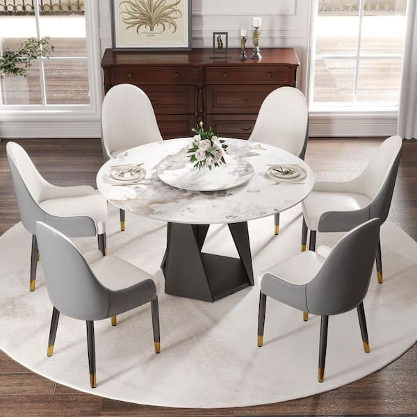 White Marble Top 53.15 in. Pedestal Round Dining Table (Seats 6)