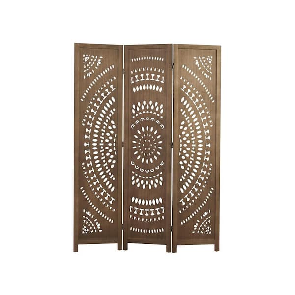66.9 in. Brown 3-Panels Folding Freestanding Room Divider, Wood Carved Privacy Screens for Bedroom Home Office
