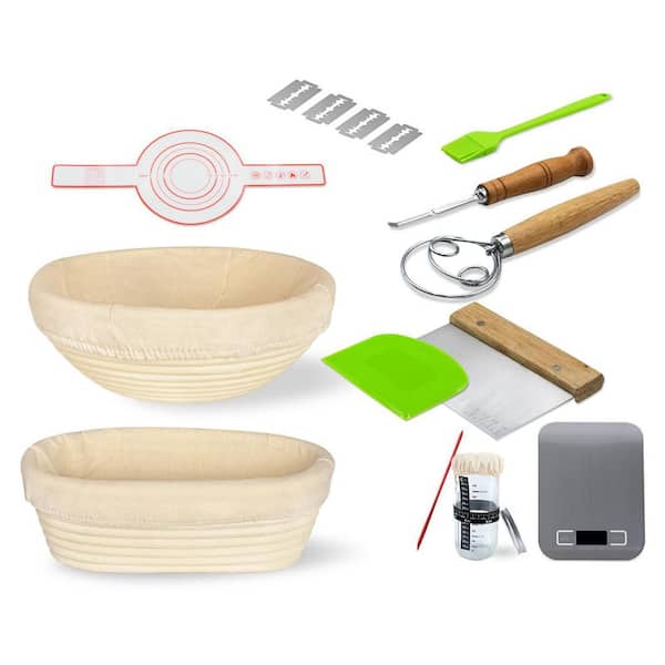 Sourdough Basket Set 15-Piece Baking Kit w/ Round Oval Baskets, Dough Whisk, Lame, Scrapers, Jar, Scale, Thermometer