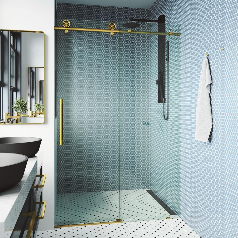 VIGO Elan Cass Aerodynamic 56 to 60 in. W x 76 in. H Sliding Frameless Shower Door in Matte Gold with 3/8 Clear Glass