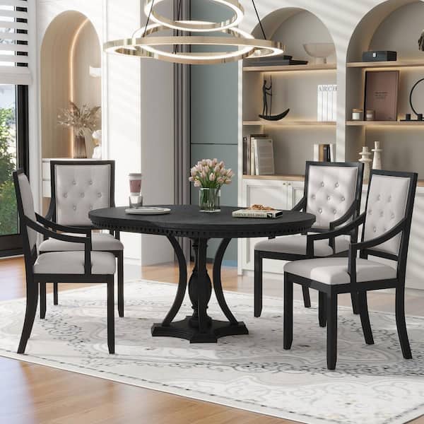 5-Piece Round Black Wood Top Dining Room Set Seats 4
