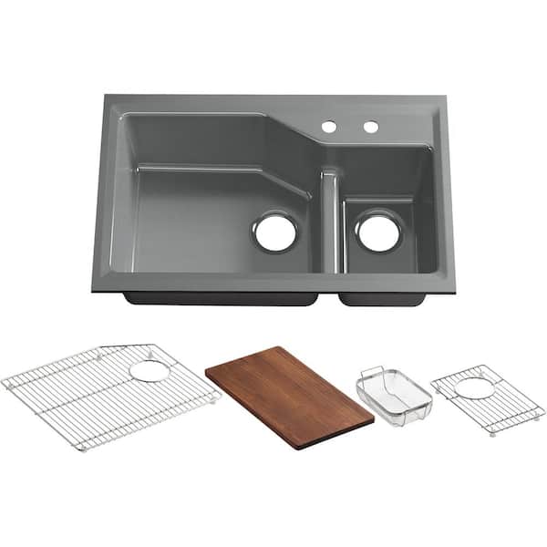 KOHLER Indio Smart Divide Undermount Cast-Iron 33 in. 2-Hole Double Bowl Kitchen Sink Kit in Basalt