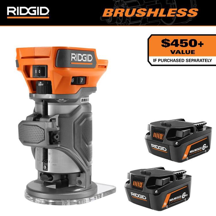 RIDGID 18V (2) 6.0 Ah MAX Output Batteries with FREE 18V Brushless Cordless Compact Router