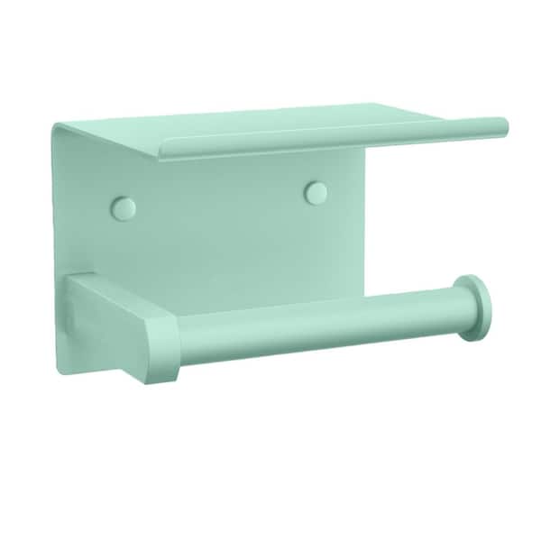 5.6 x 4 x 3.9 in. Adhesive or Screw Wall Mount Stainless Steel Toilet Paper Holder with Phone Shelf in Mint Green