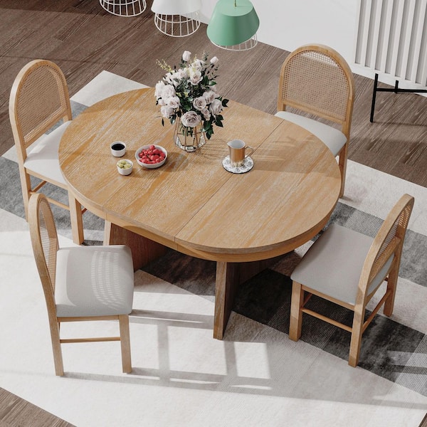 Retro 5-Piece Oval Natural Wood Wash Wood Top Extendable Dining Table with 4 Rattan Backrests and Upholstered Chairs