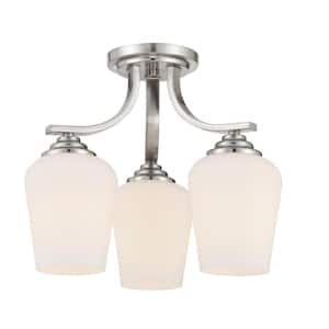 Shyloh 15.5 in. 3-Lights Brushed Nickel Semi-Flush Mount to Chandelier with Etched Opal Glass Shades
