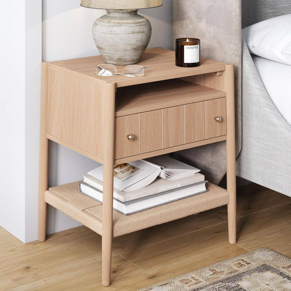 Meads Raw Oak 1-Drawer 21 in. W Nightstand with Solid Wood Legs, Brass Handles, and Seagrass Bottom Shelf price history on PriceWatchPro