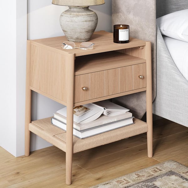 Nathan James Meads Raw Oak 1-Drawer 21 in. W Nightstand with Solid Wood Legs, Brass Handles, and Seagrass Bottom Shelf