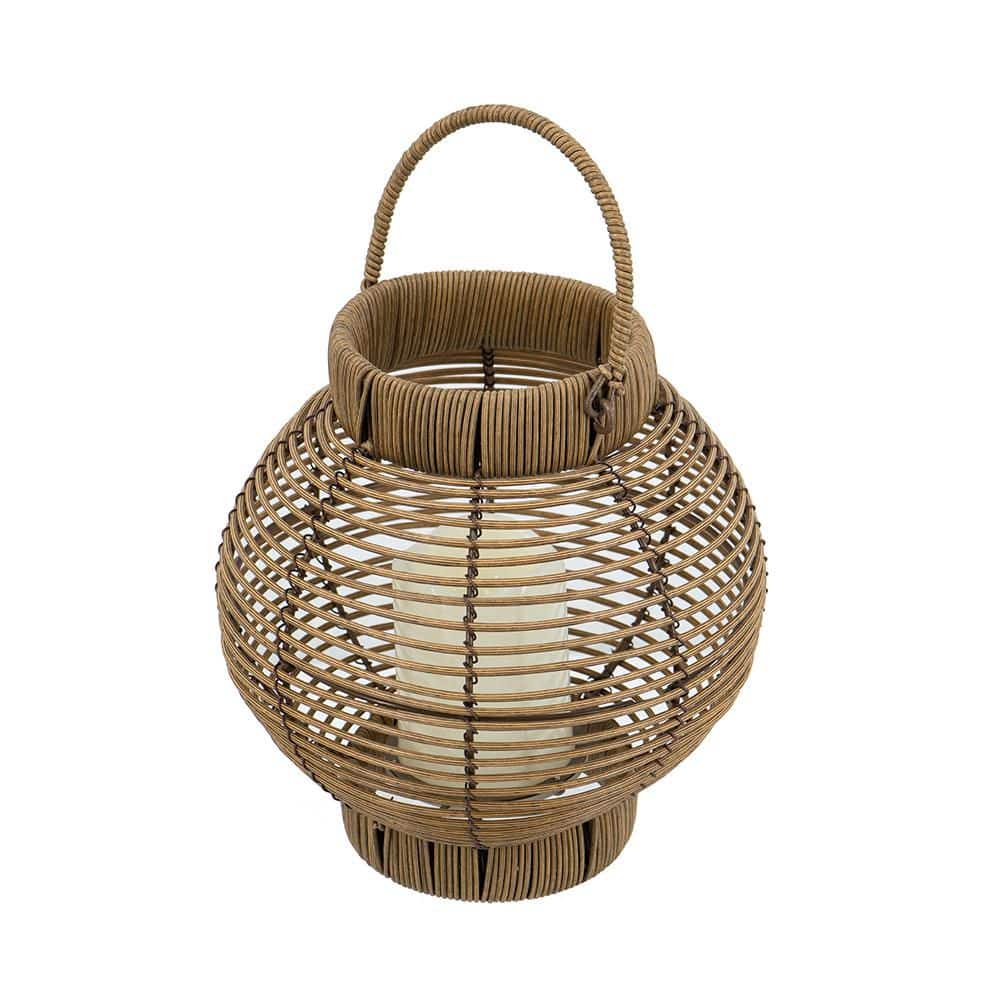 Classic 10 in. x 9 in. Brown Round Rattan Lantern with LED Candle