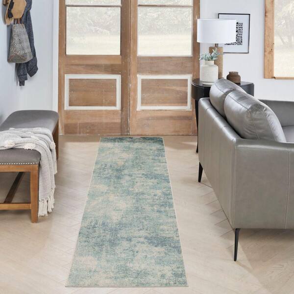 Astra Machine Washable Blue Ivory 2 ft. x 10 ft. Abstract Contemporary Runner Area Rug