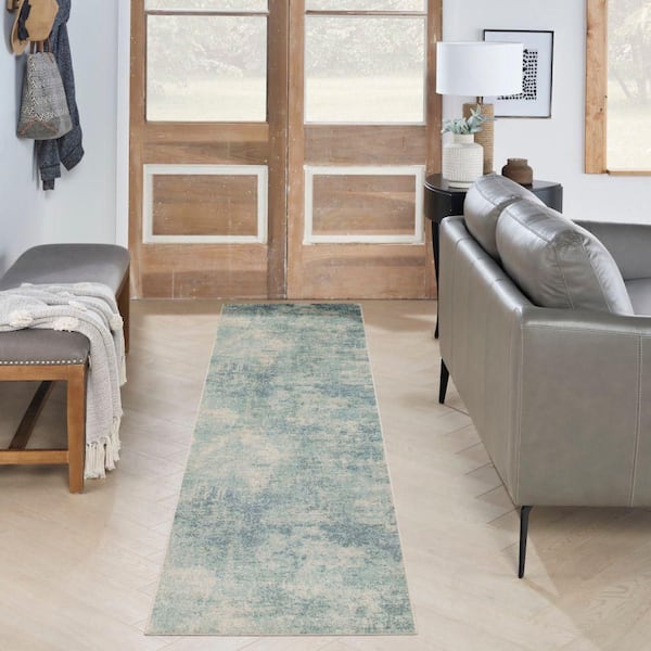 Astra Machine Washable Blue Ivory 2 ft. x 10 ft. Abstract Contemporary Runner Area Rug