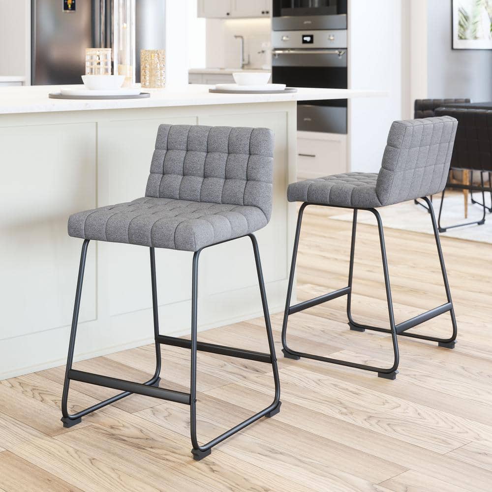 Gray Tufted Metal Frame Counter Stools, Set of 2