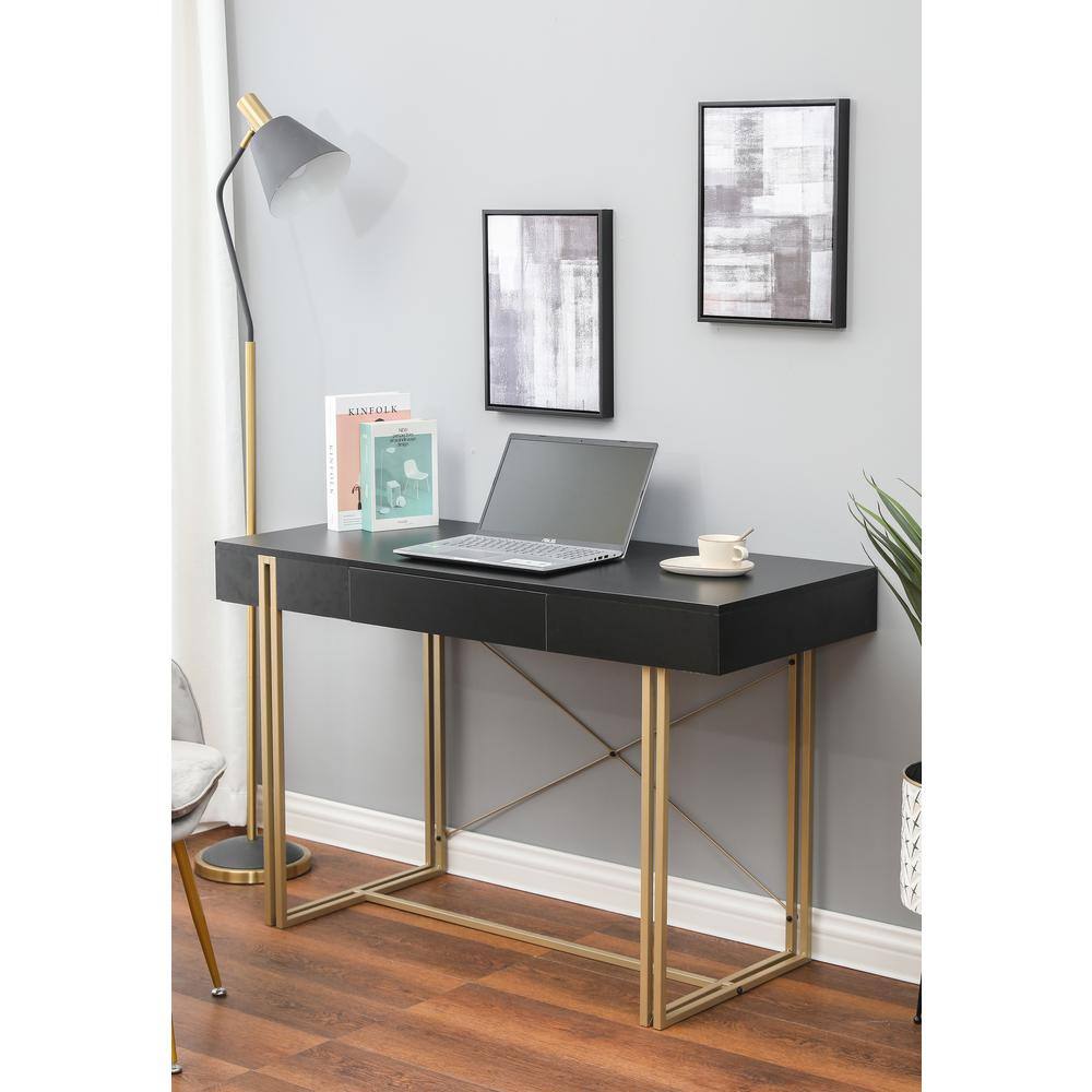 Modern Black Wood Desk with Gold Legs and Drawer