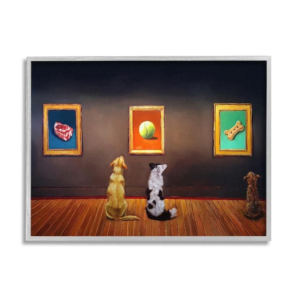 Stupell Industries Funny Dog Museum Gallery Animals by Lucia Heffernan 1-Piece Gray Framed Animal Giclee Art Print 30 in. x 24 in.