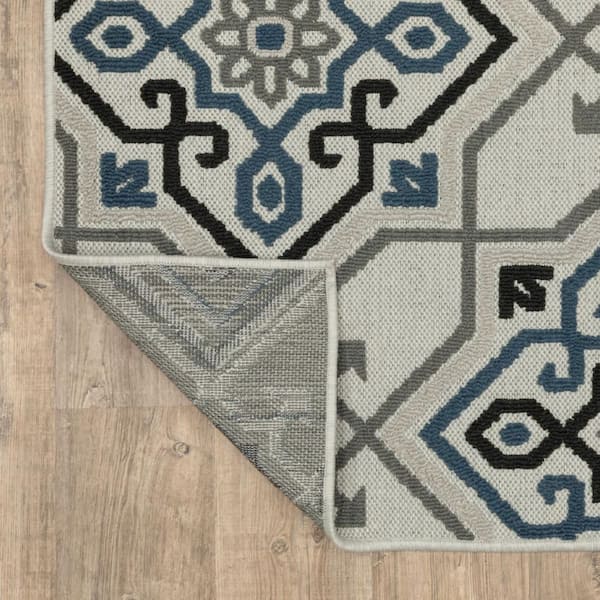 Blue, Beige 2 ft. x 7 ft. Loomed Oriental Polypropylene Rectangle Indoor/Outdoor Area Rug
